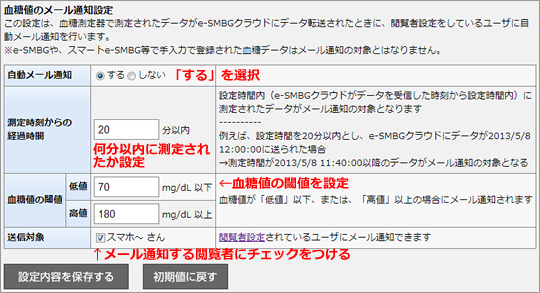 血糖値のメール通知設定